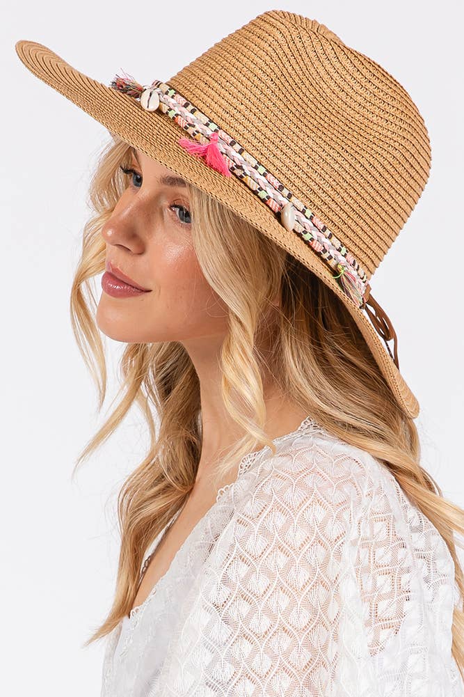 Boho Tassel Multi Color Band Summer Straw Sun Hat: Beige