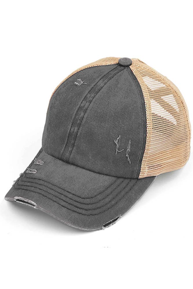 C.C Washed Denim with Crossed Elastic Band Mesh Pony Cap: White/White