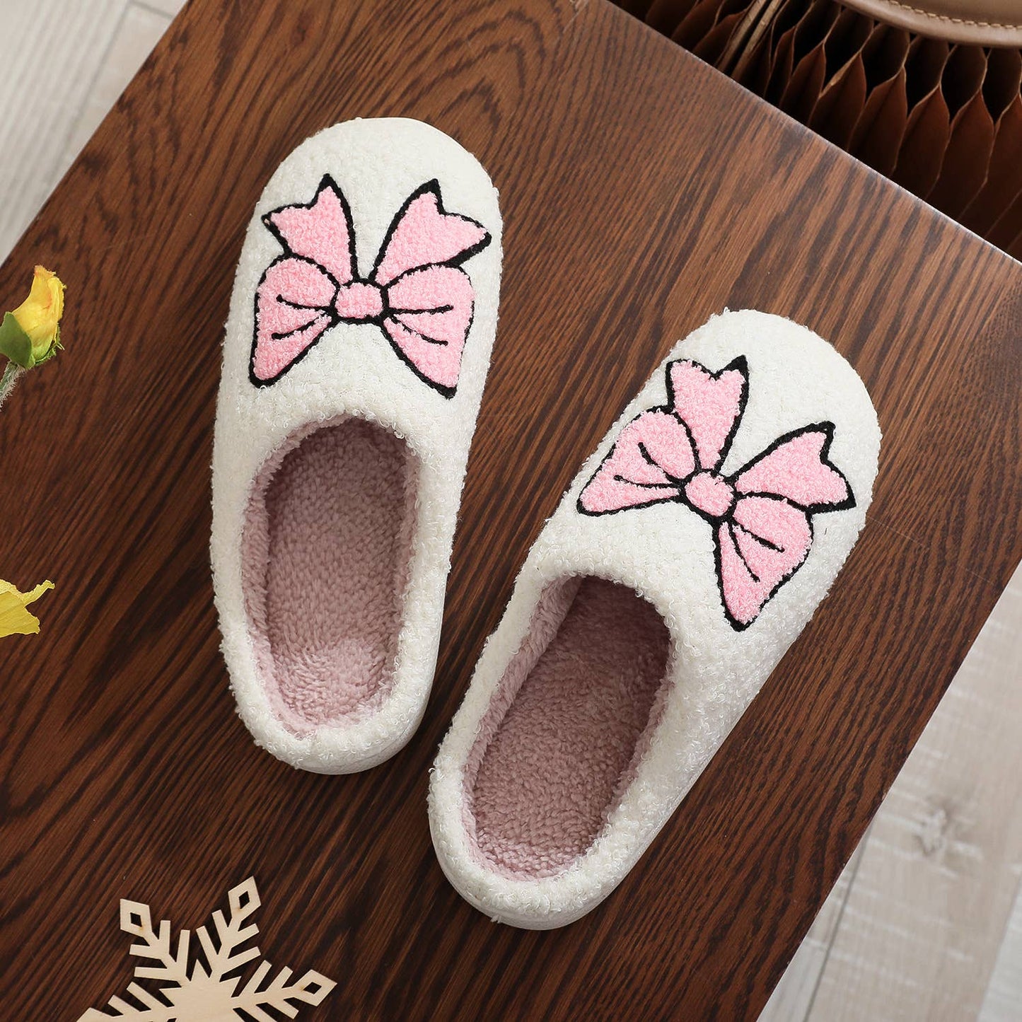 Christmas Pink Bownot Pattern Plush Comfort Home Slippers : White / 40-41