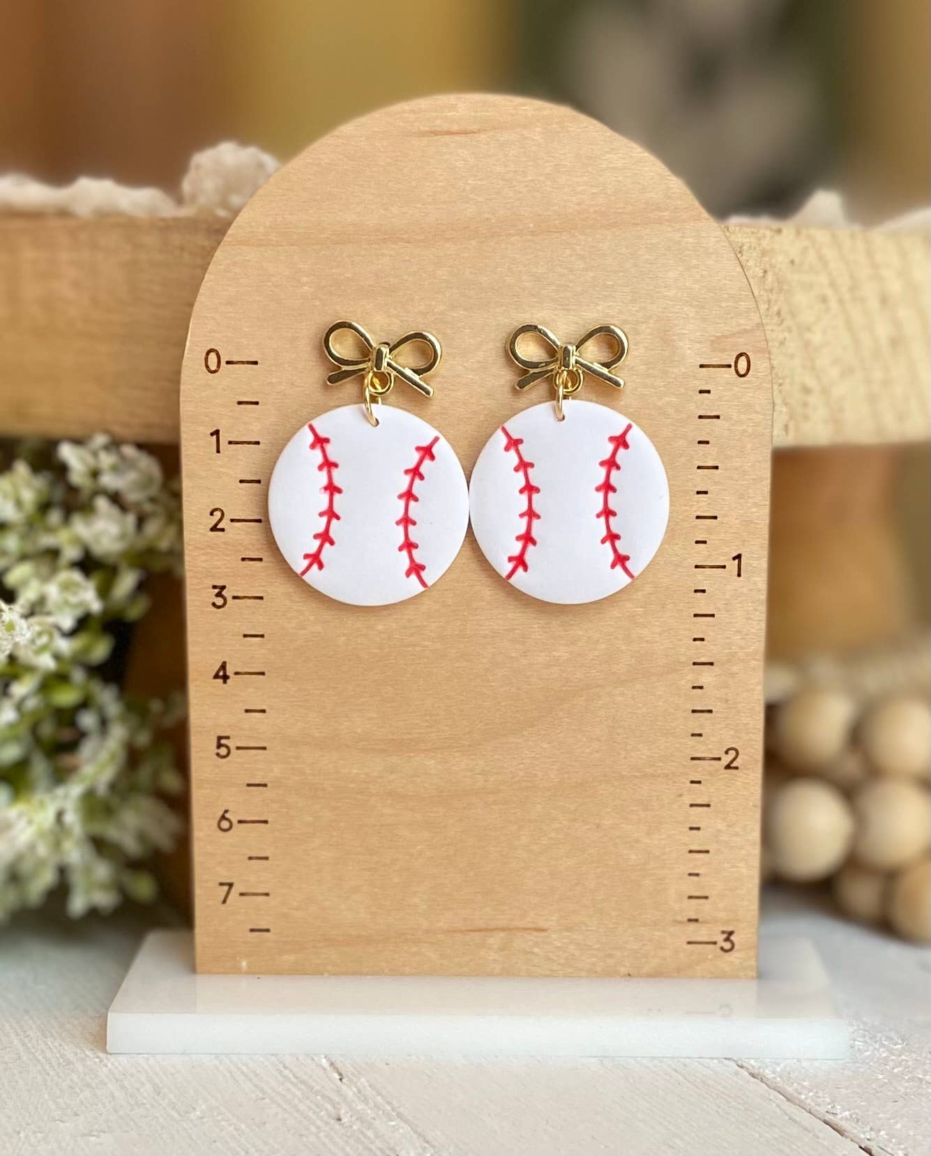 Baseball Earrings : Gold Bow Baseball Dangles