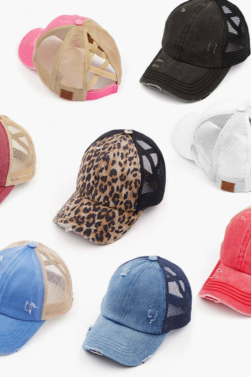 C.C Washed Denim with Crossed Elastic Band Mesh Pony Cap: White/White