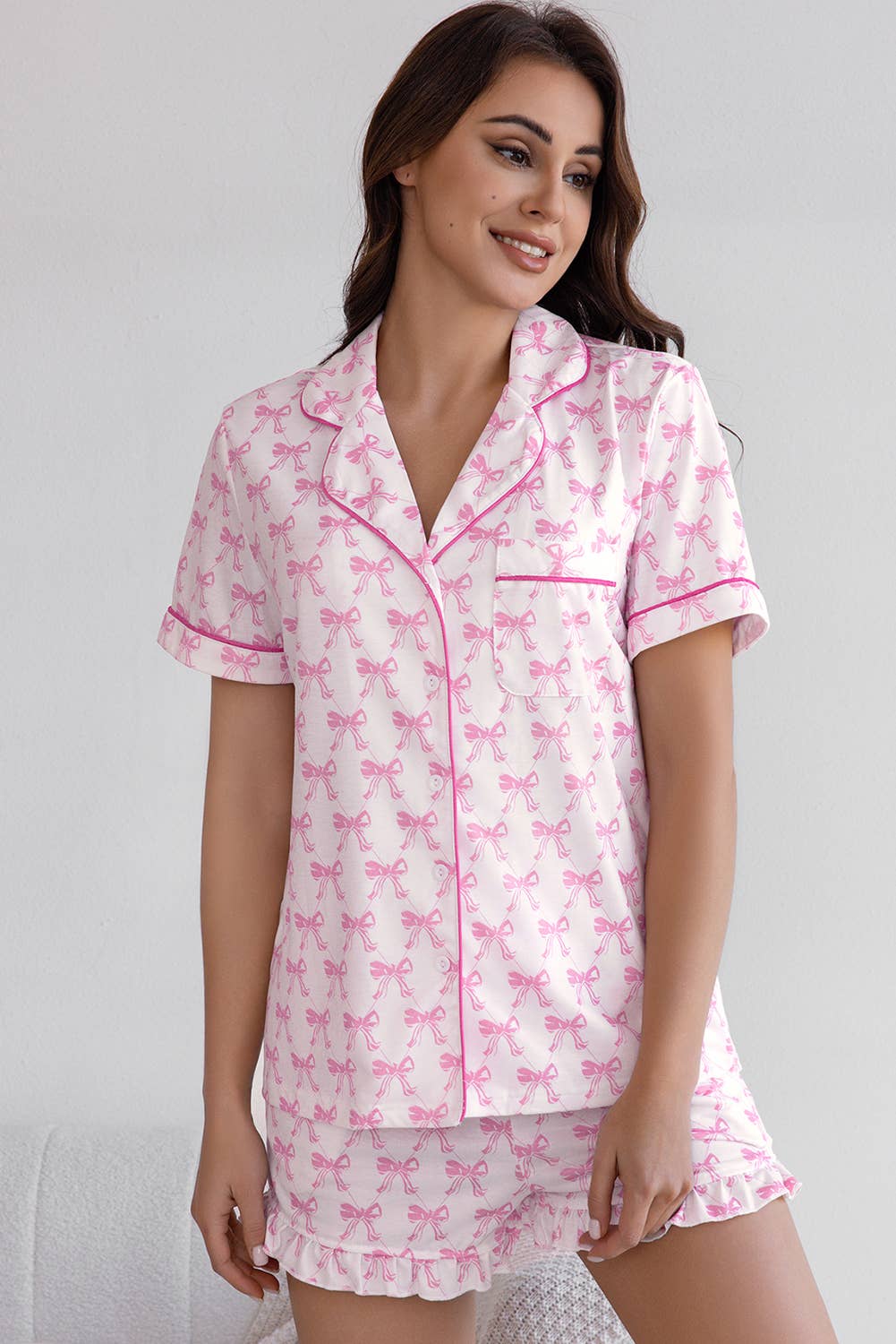 Valentines Bowknot Print Short Sleeve and Shorts Pajama Set: Pink / Missy / L