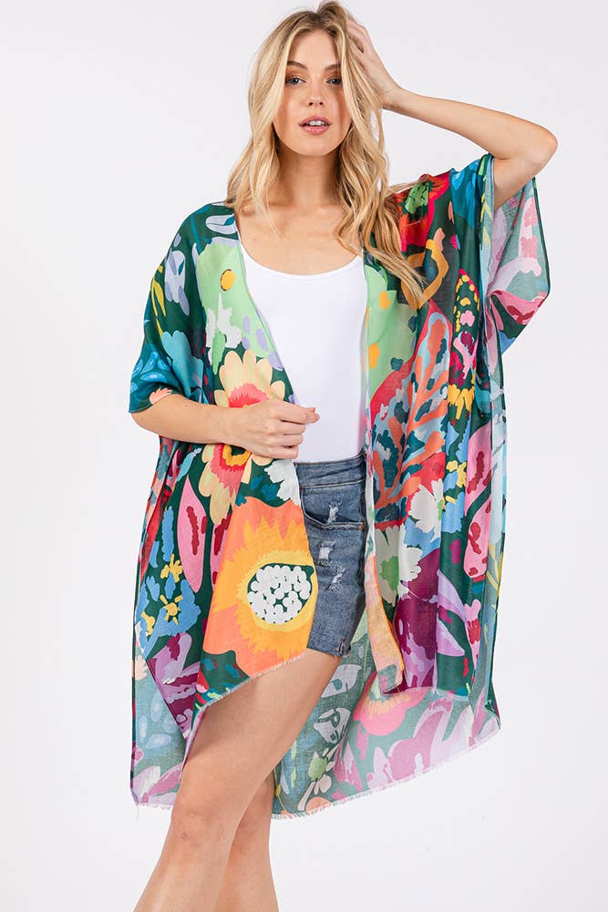 Multi Color Floral Flower Print Summer Kimono: Mint