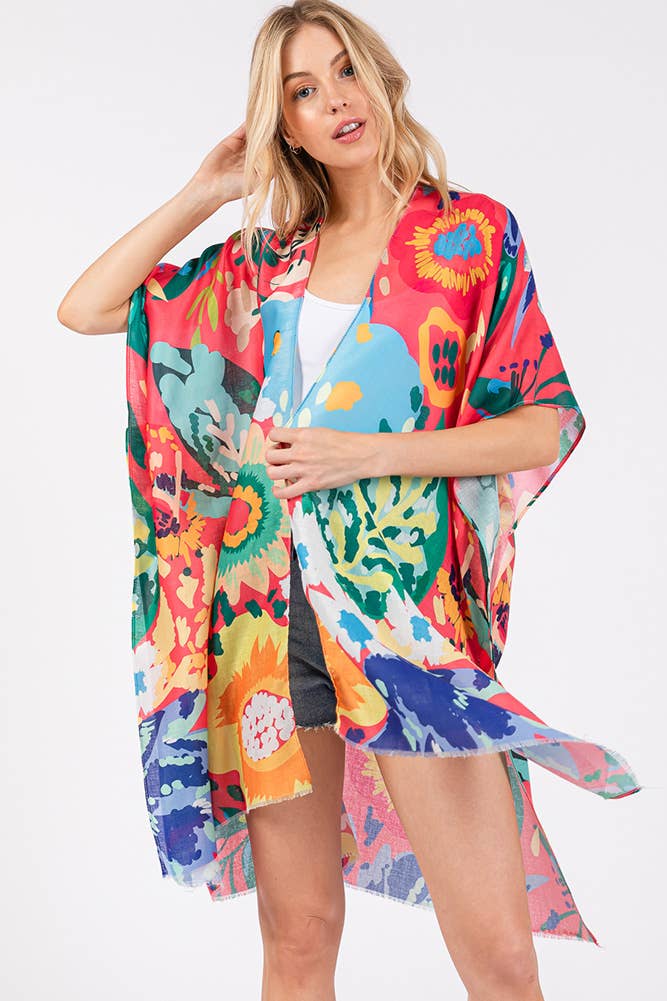 Multi Color Floral Flower Print Summer Kimono: Mint