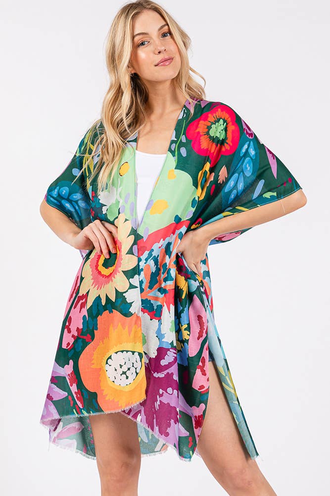 Multi Color Floral Flower Print Summer Kimono: Mint