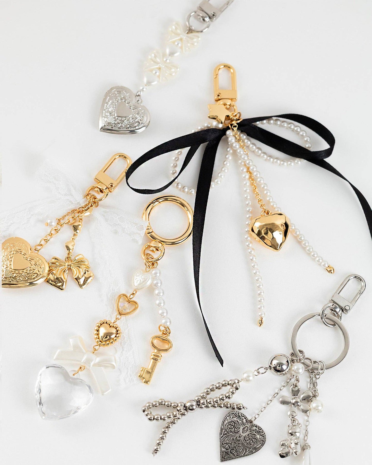 Romantic Whimsy Vintage Heart & Pearl Bag Charm: Gold