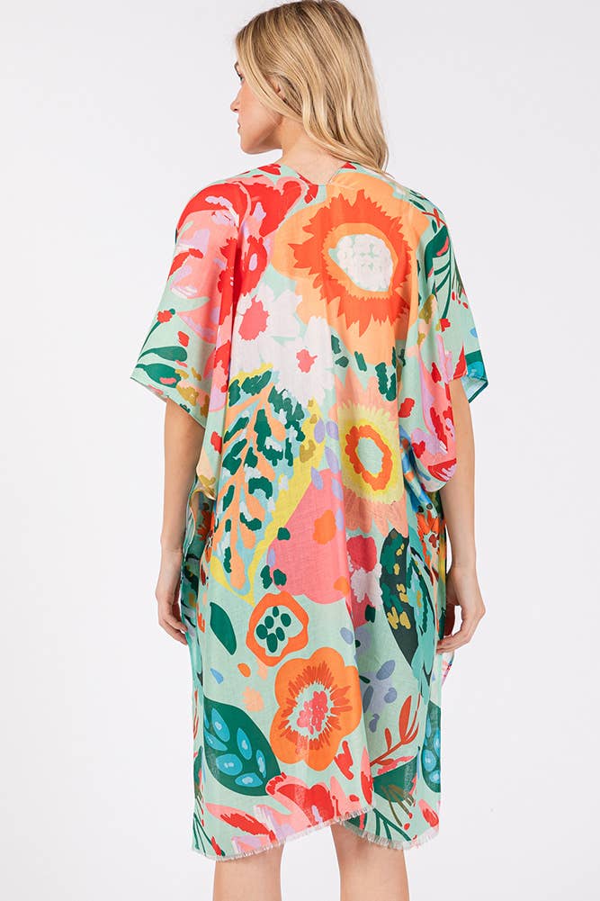 Multi Color Floral Flower Print Summer Kimono: Coral