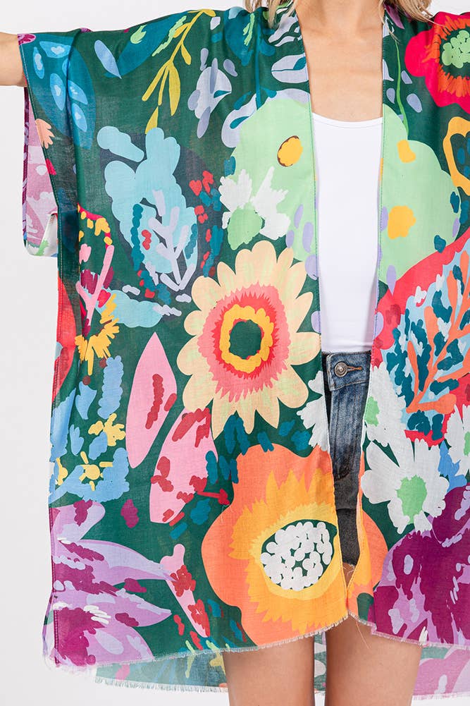 Multi Color Floral Flower Print Summer Kimono: Mint