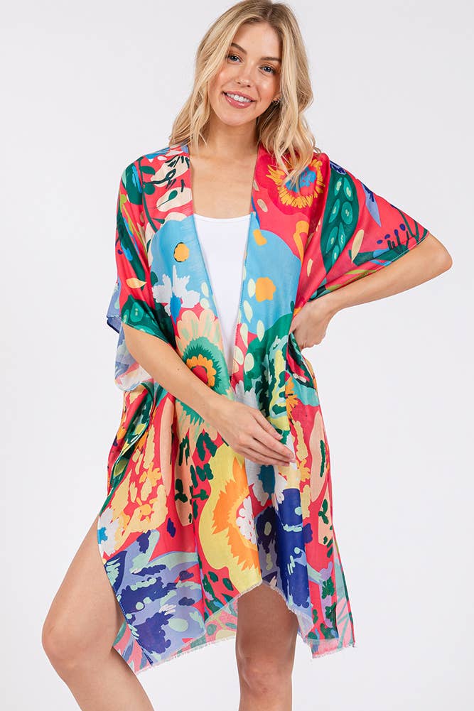 Multi Color Floral Flower Print Summer Kimono: Mint