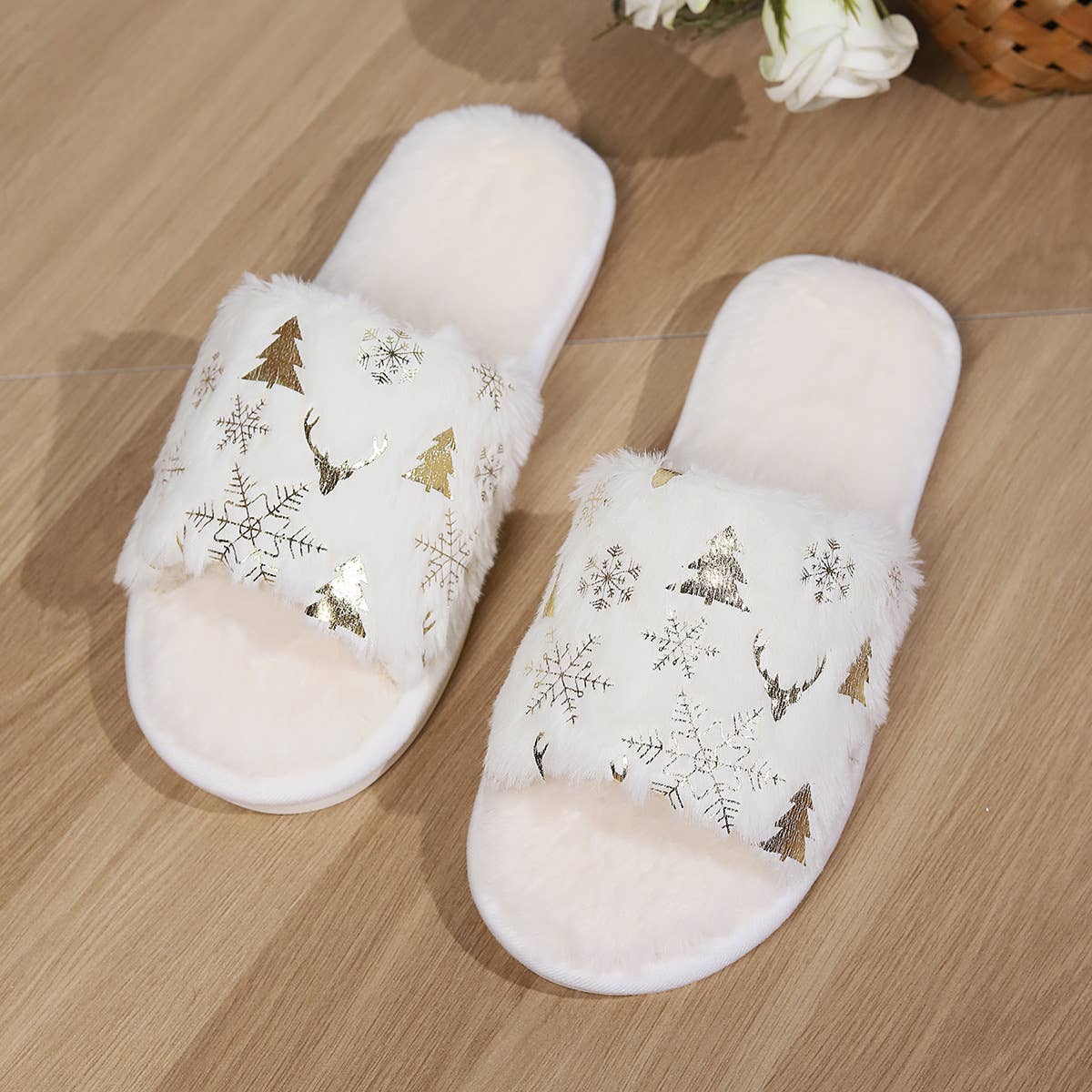 Christmas Open-toe Plush Comfort Home Slippers : White / 42-43