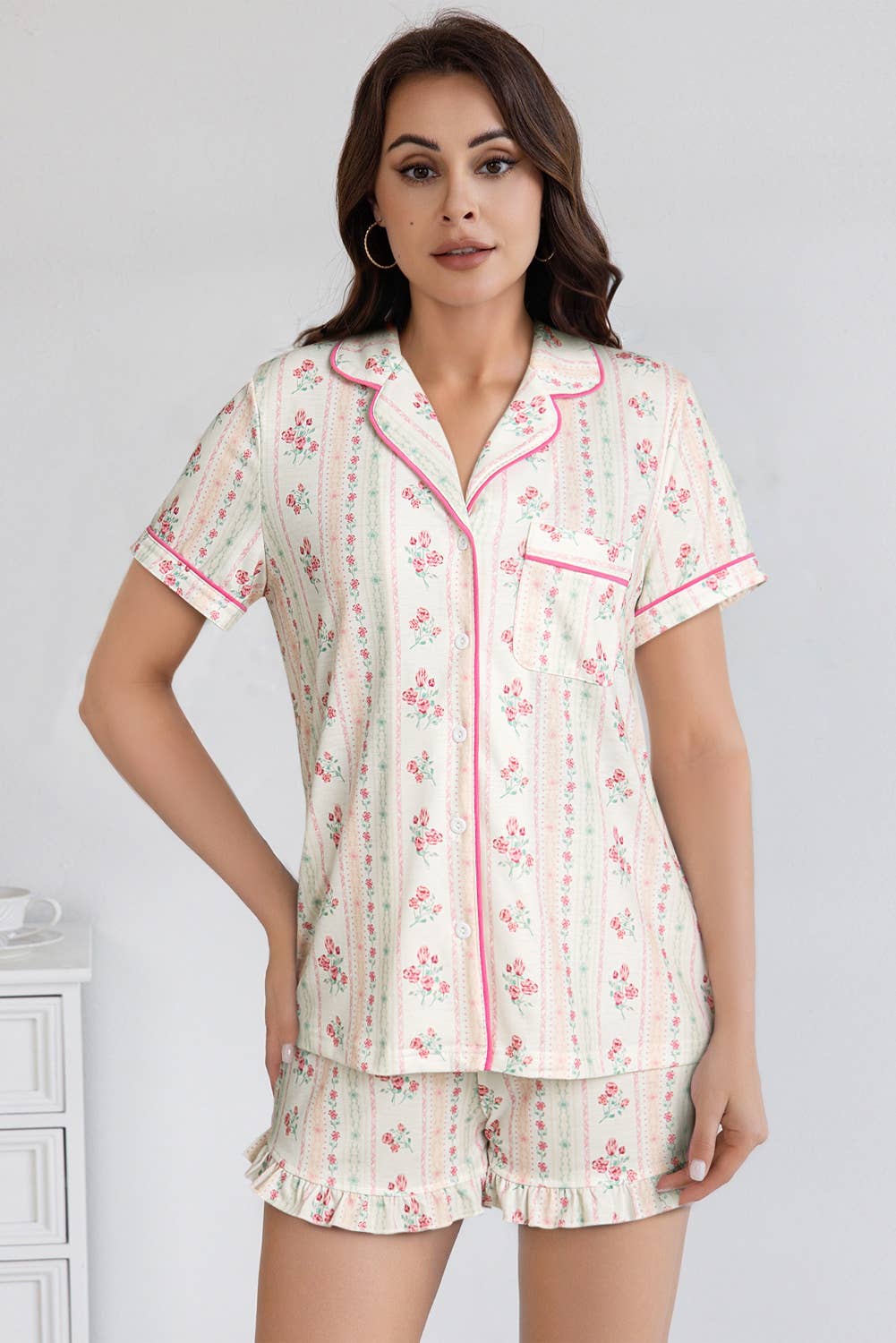 Floral Printed Casual Pocket Ruffled Shorts Pajama Set: AS SHOWN / Missy / M