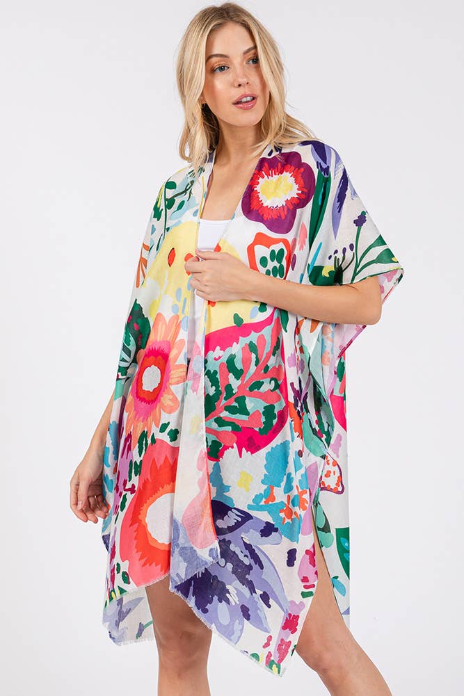 Multi Color Floral Flower Print Summer Kimono: Mint