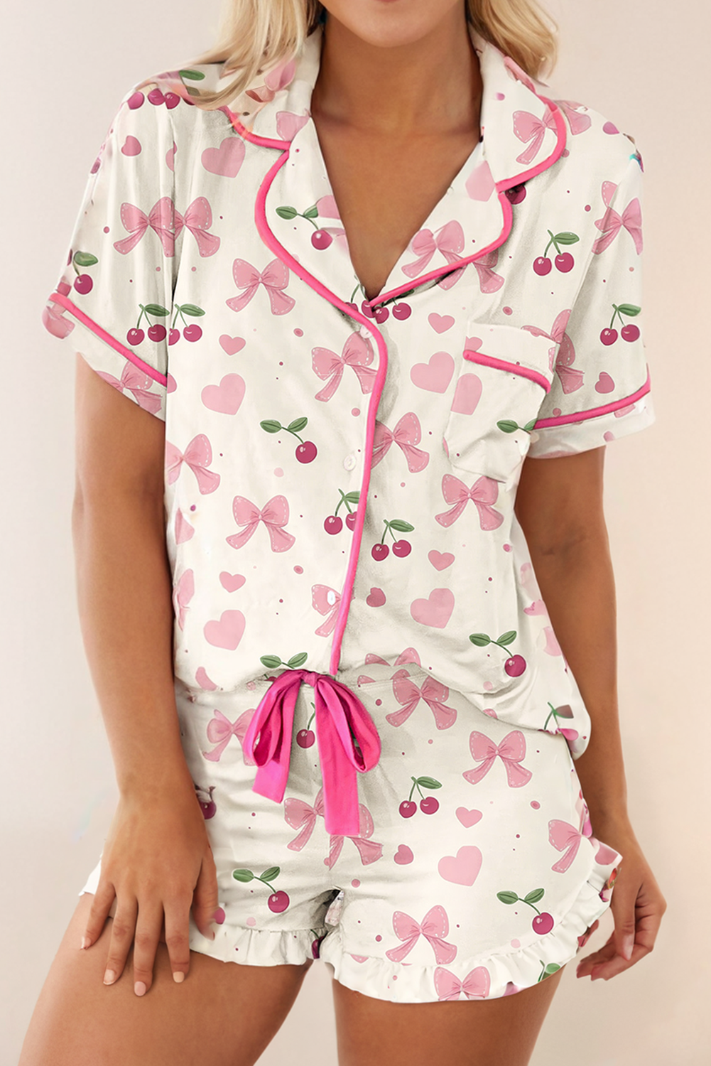 Floral Printed Casual Pocket Ruffled Shorts Pajama Set: Beige / Missy / XL