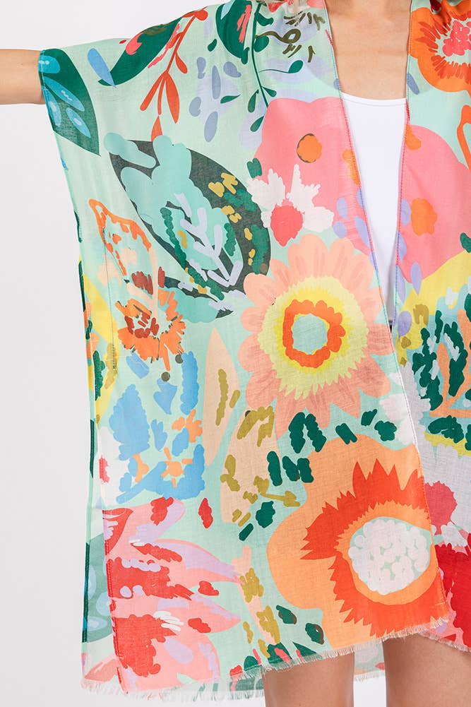 Multi Color Floral Flower Print Summer Kimono: Mint