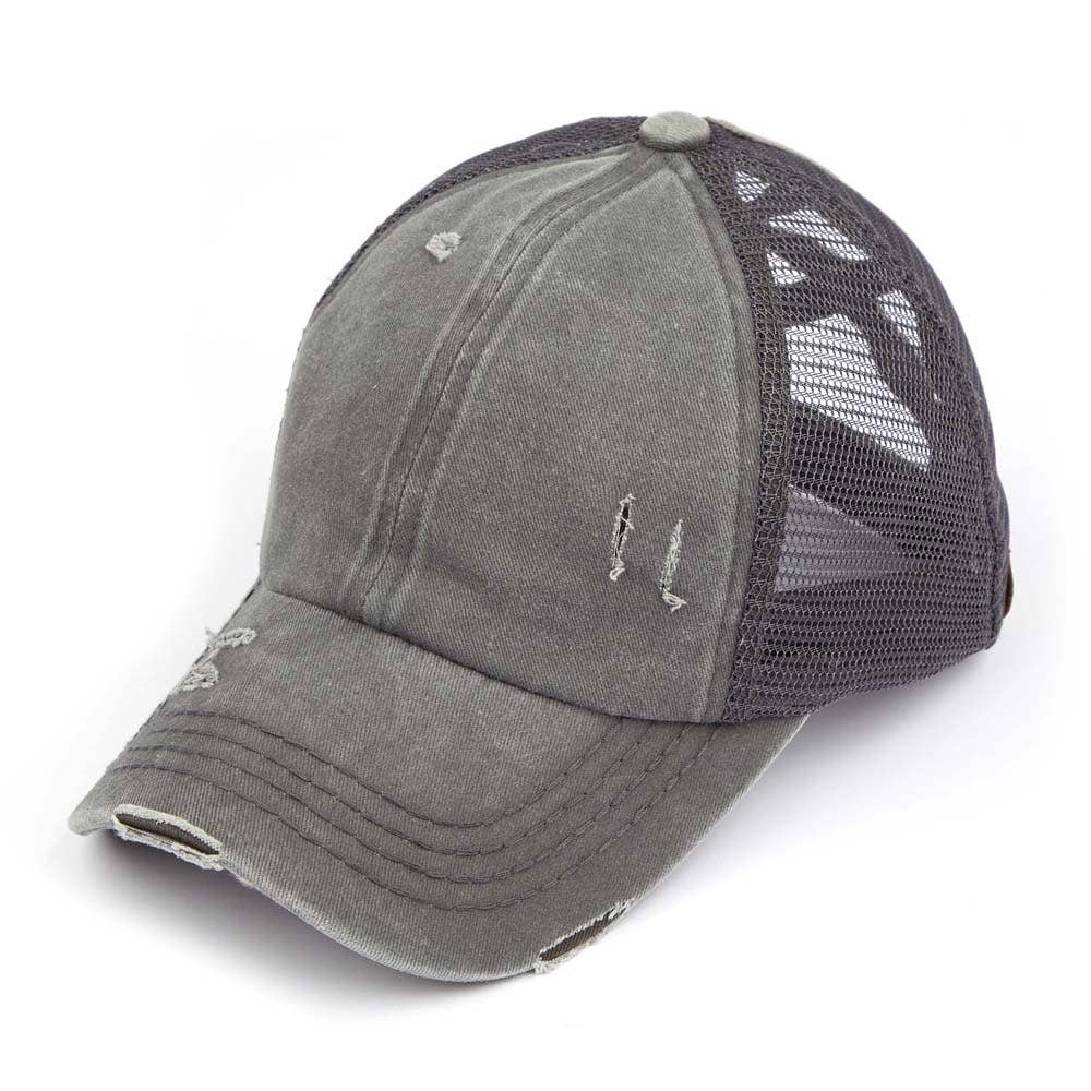 C.C Washed Denim with Crossed Elastic Band Mesh Pony Cap: White/White
