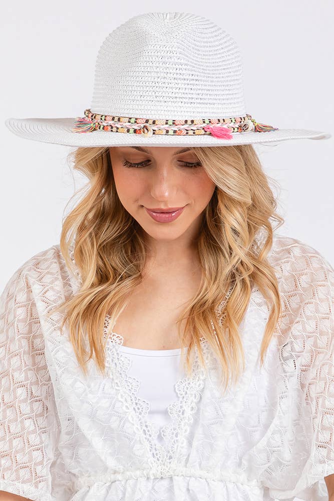 Boho Tassel Multi Color Band Summer Straw Sun Hat: Beige