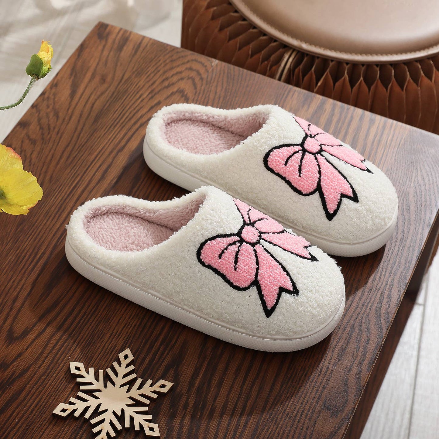 Christmas Pink Bownot Pattern Plush Comfort Home Slippers : White / 40-41