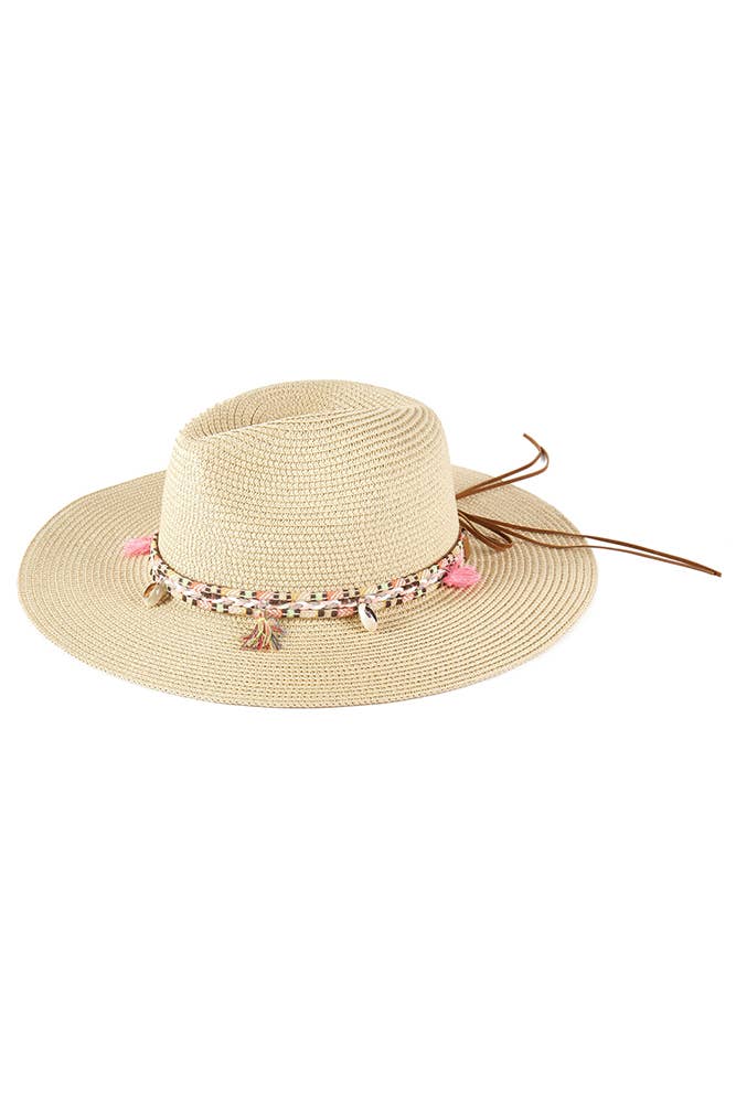 Boho Tassel Multi Color Band Summer Straw Sun Hat: Beige