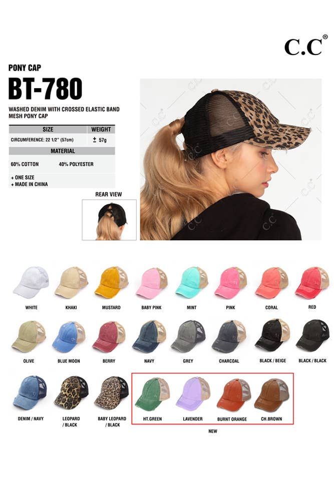 C.C Washed Denim with Crossed Elastic Band Mesh Pony Cap: White/White