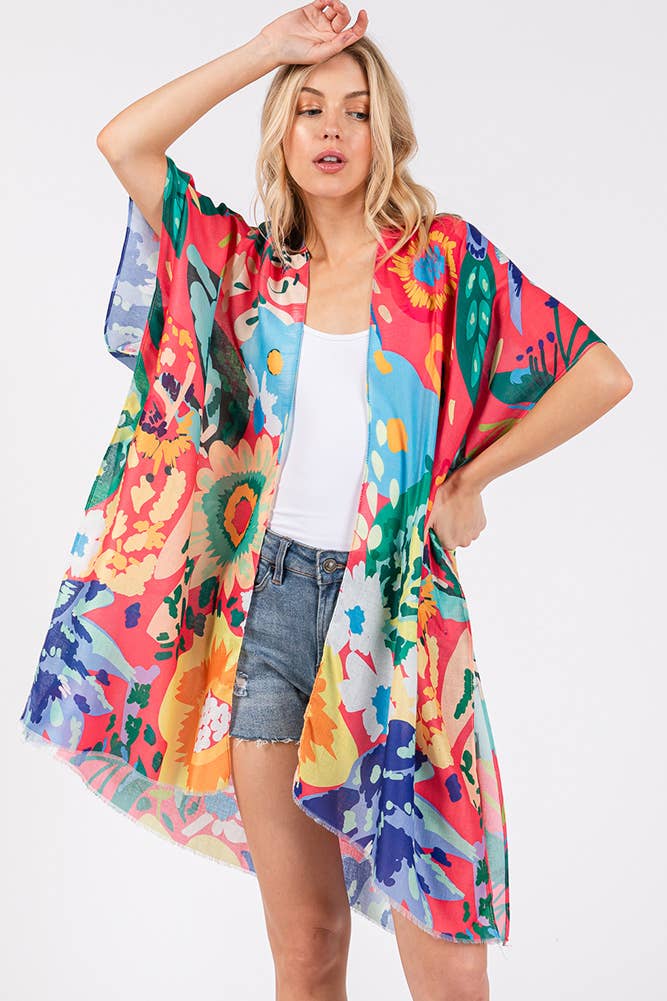 Multi Color Floral Flower Print Summer Kimono: Mint