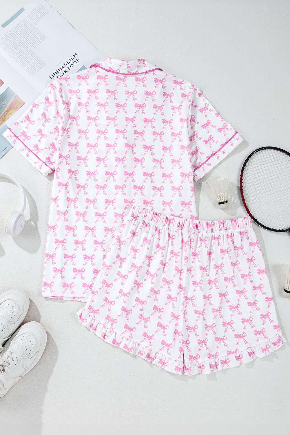 Valentines Bowknot Print Short Sleeve and Shorts Pajama Set: Pink / Missy / L