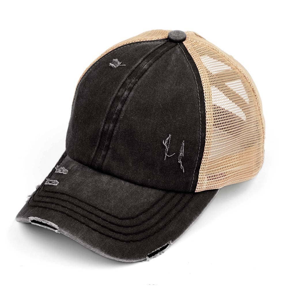 C.C Washed Denim with Crossed Elastic Band Mesh Pony Cap: White/White