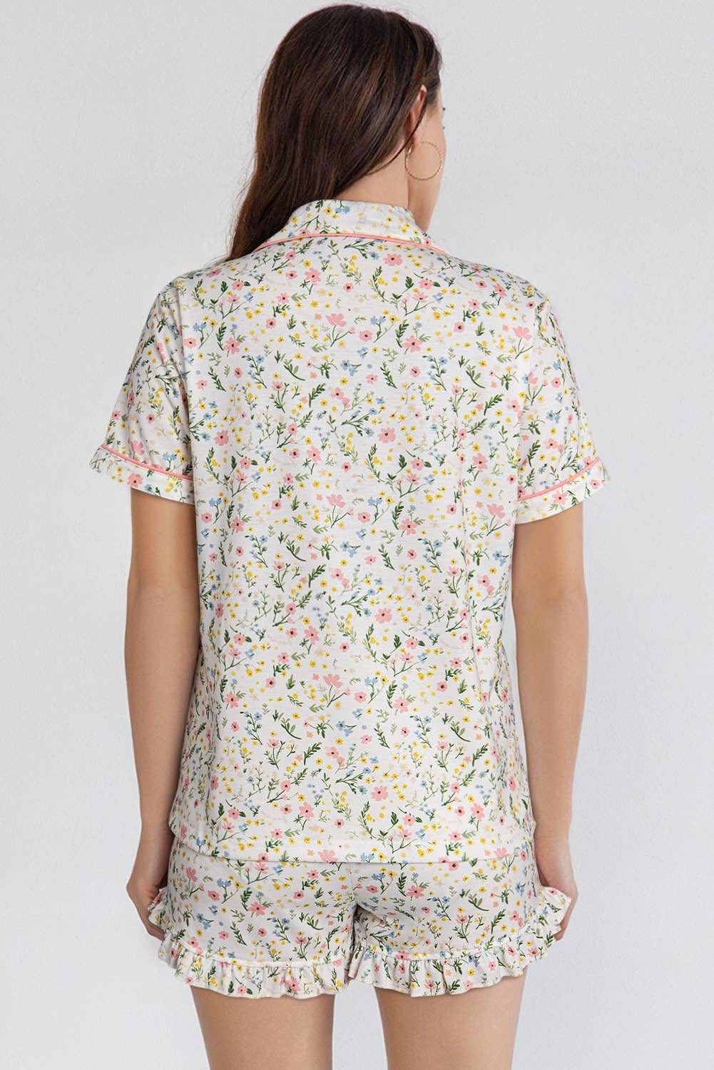 Floral Printed Casual Pocket Ruffled Shorts Pajama Set: AS SHOWN / Missy / M
