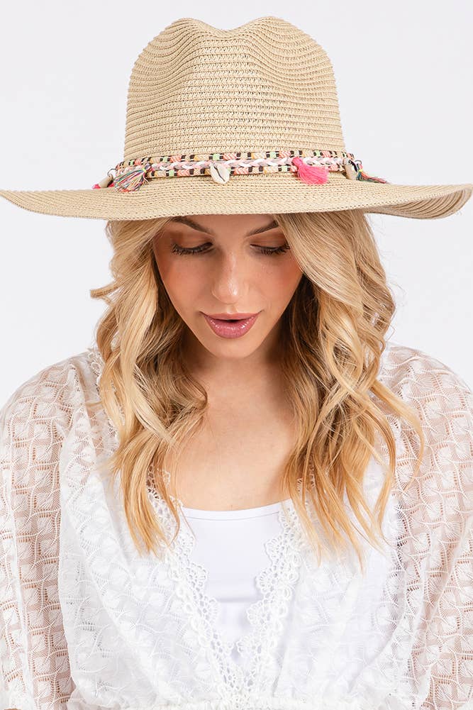 Boho Tassel Multi Color Band Summer Straw Sun Hat: Beige