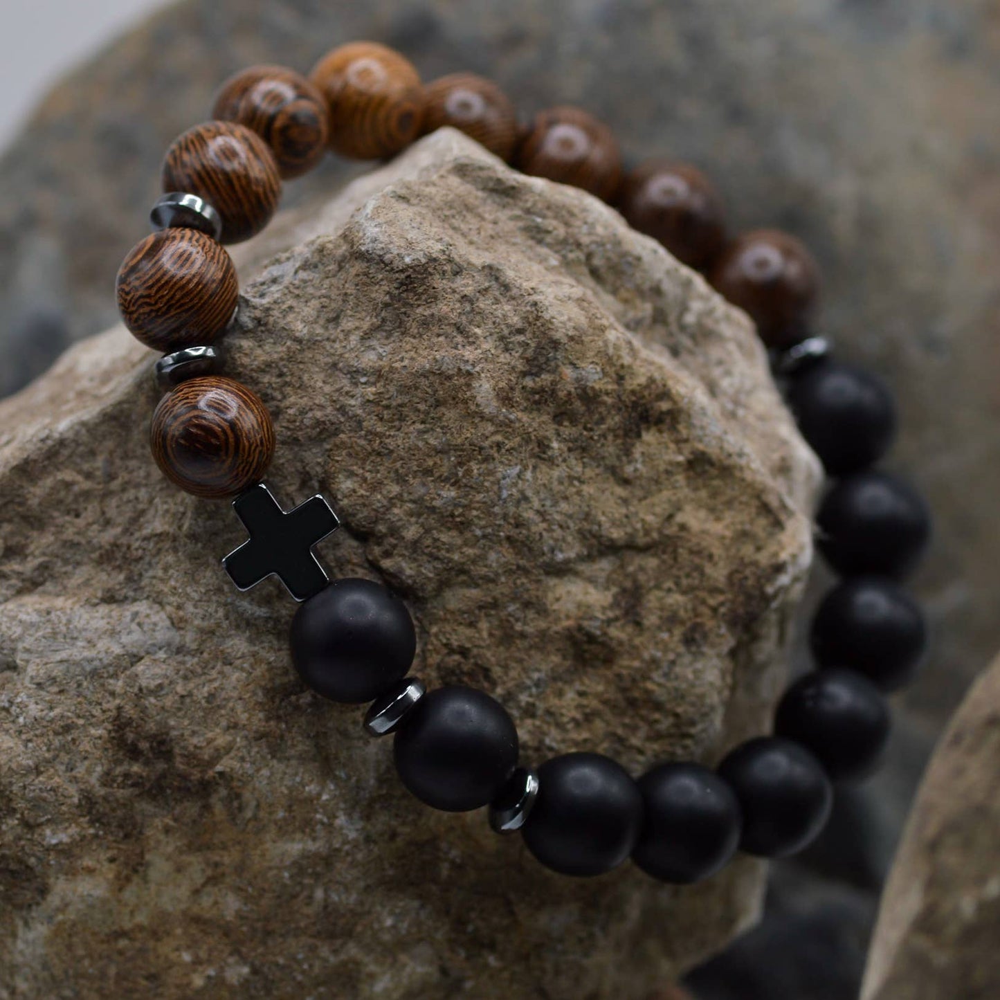 Wood/Black Onyx Cross Bead Bracelet-Eden Merry Bracelet