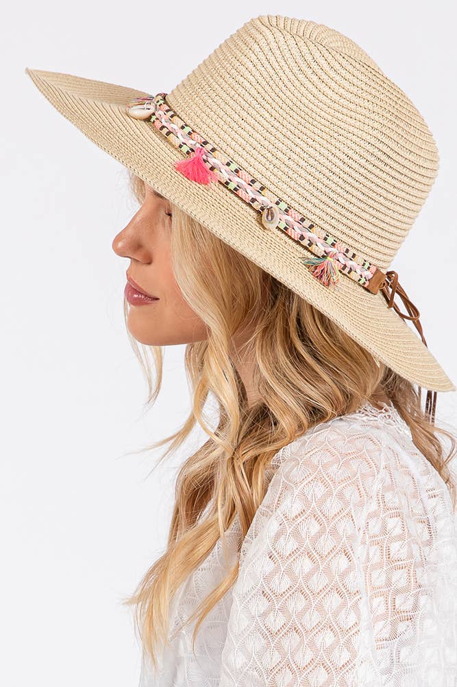 Boho Tassel Multi Color Band Summer Straw Sun Hat: Beige