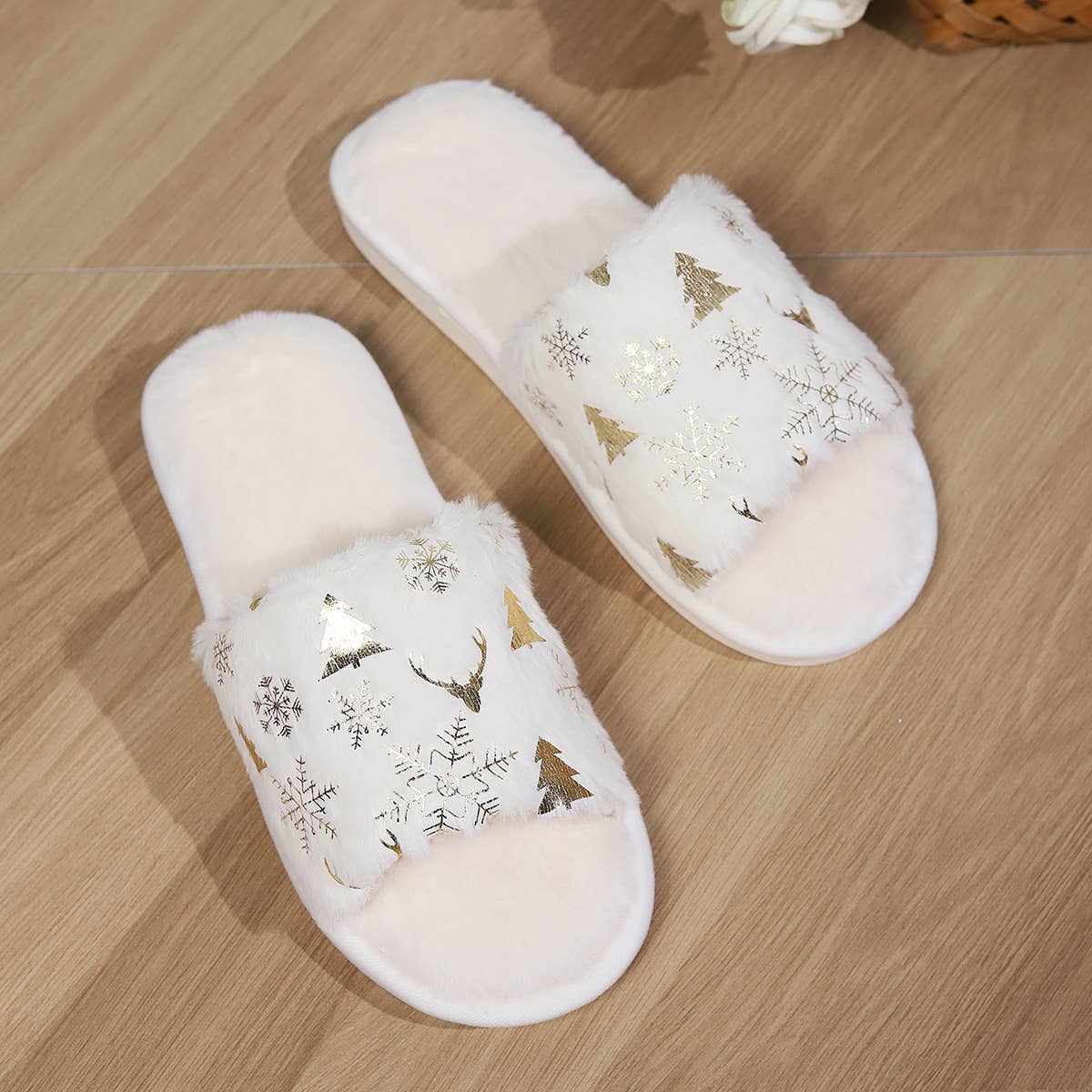 Christmas Open-toe Plush Comfort Home Slippers : White / 38-39