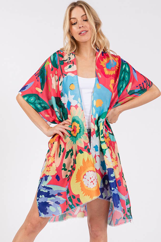Multi Color Floral Flower Print Summer Kimono: Mint