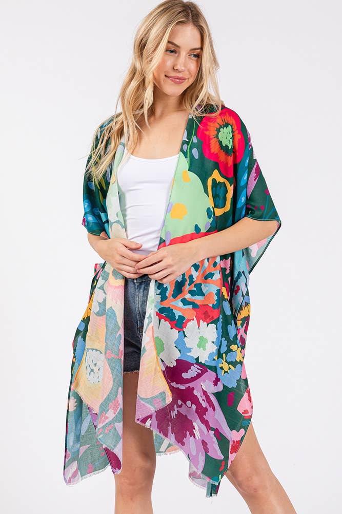 Multi Color Floral Flower Print Summer Kimono: Mint