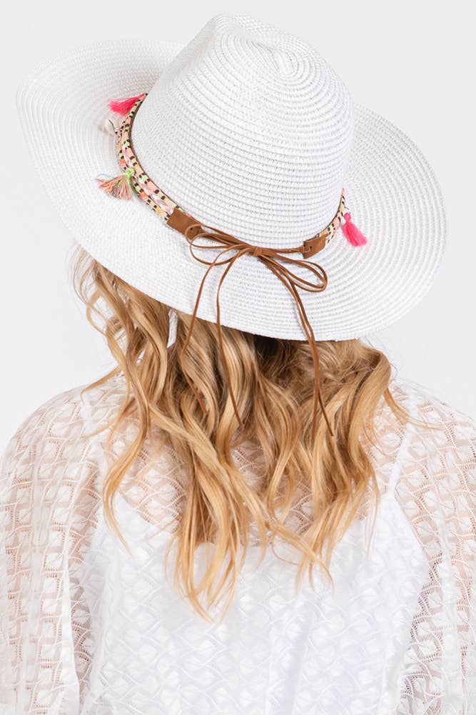 Boho Tassel Multi Color Band Summer Straw Sun Hat: Beige