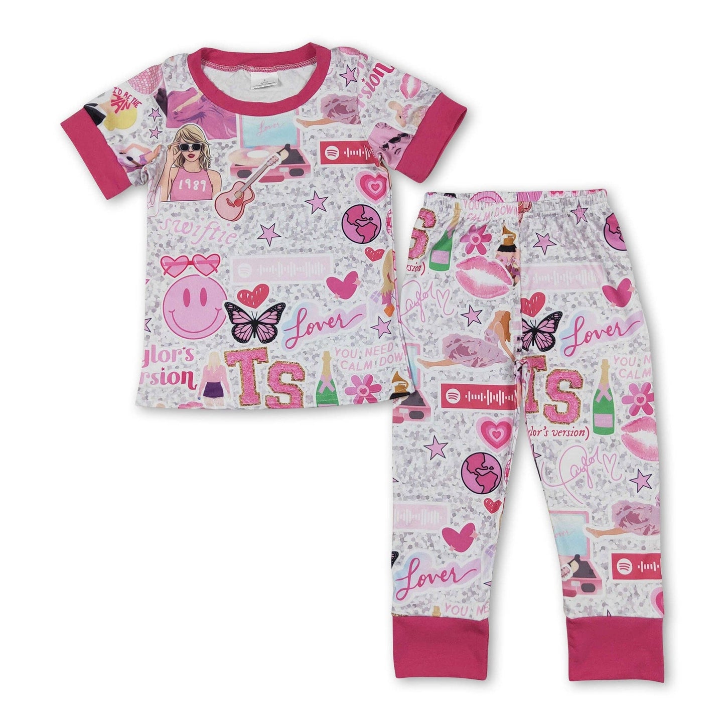Pink smile butterfly guitar singer girls pajamas: 10-12T