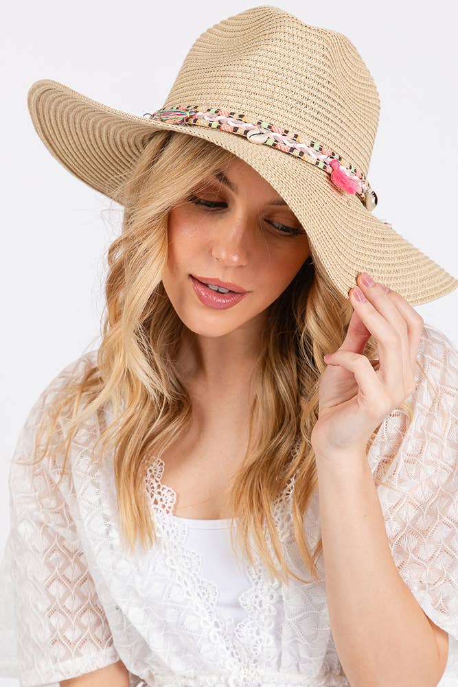 Boho Tassel Multi Color Band Summer Straw Sun Hat: Beige