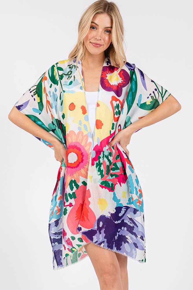 Multi Color Floral Flower Print Summer Kimono: Mint