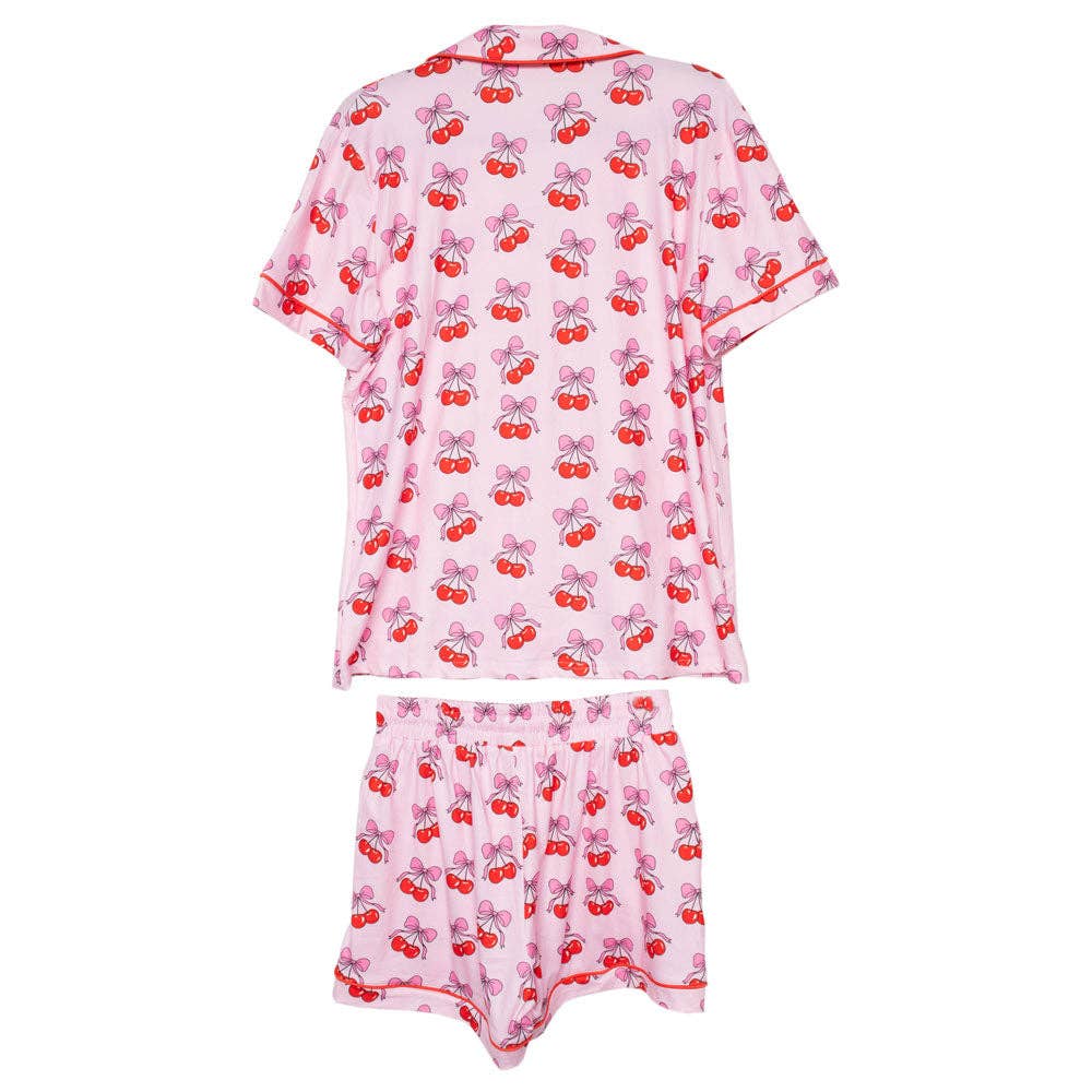 Cherry Bow Repeat Wholesale Cotton Pajamas: Light Pink / M