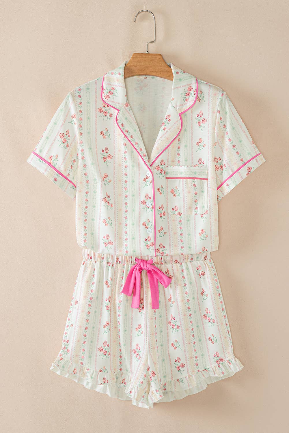 Floral Printed Casual Pocket Ruffled Shorts Pajama Set: AS SHOWN / Missy / M