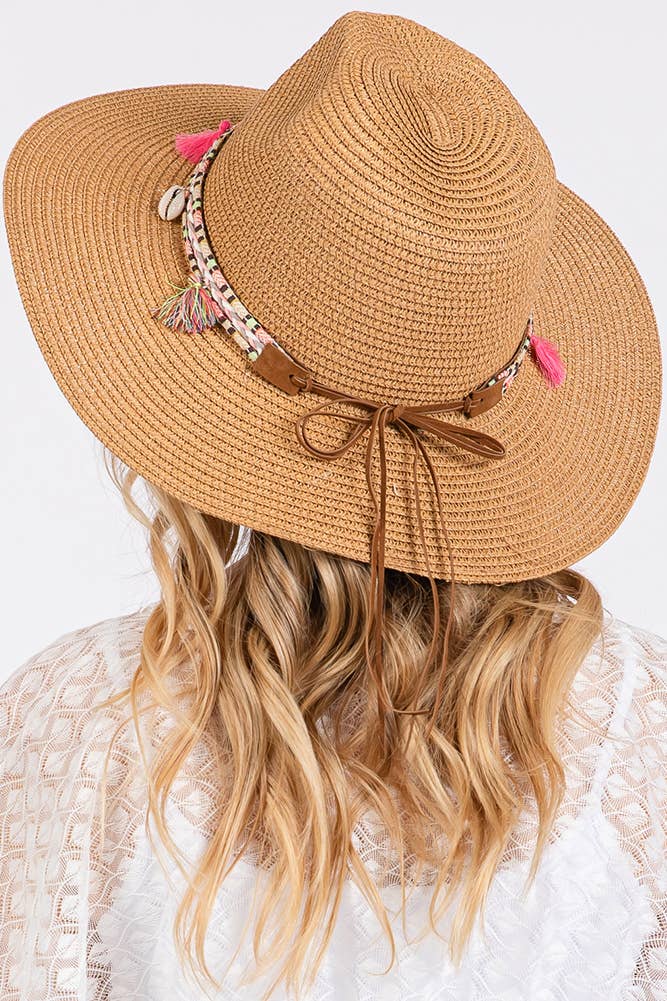 Boho Tassel Multi Color Band Summer Straw Sun Hat: Beige