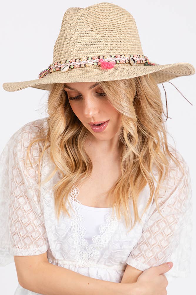 Boho Tassel Multi Color Band Summer Straw Sun Hat: Beige