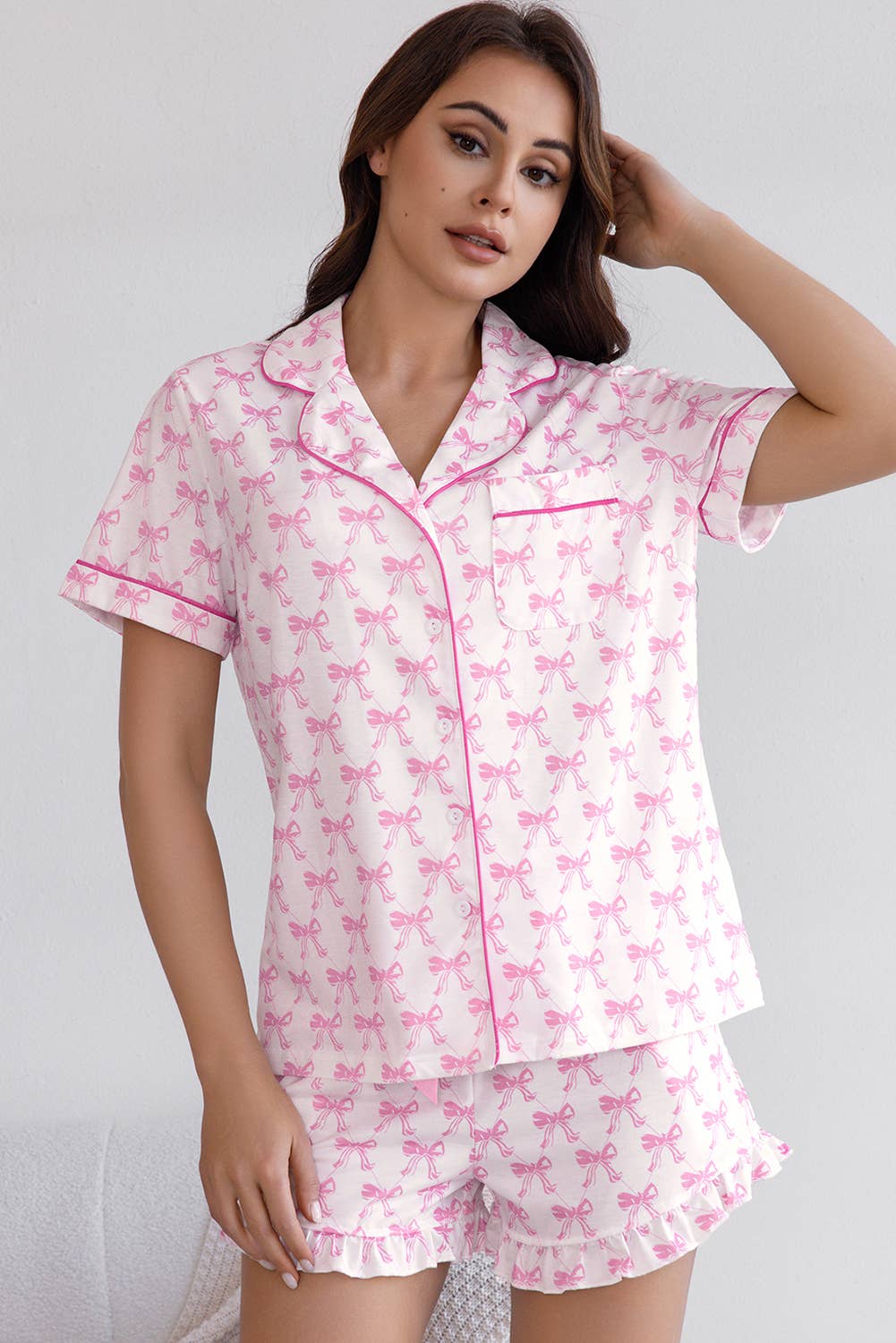 Valentines Bowknot Print Short Sleeve and Shorts Pajama Set: Pink / Missy / L
