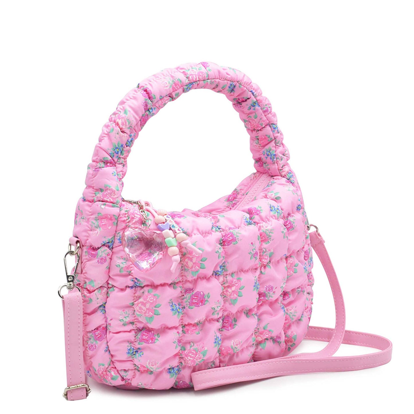 Quilted Scrunchies Floral Printed Mini Hobo Crossbody Bag: Pink Floral Print Scrunch