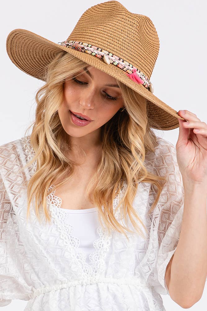 Boho Tassel Multi Color Band Summer Straw Sun Hat: Beige