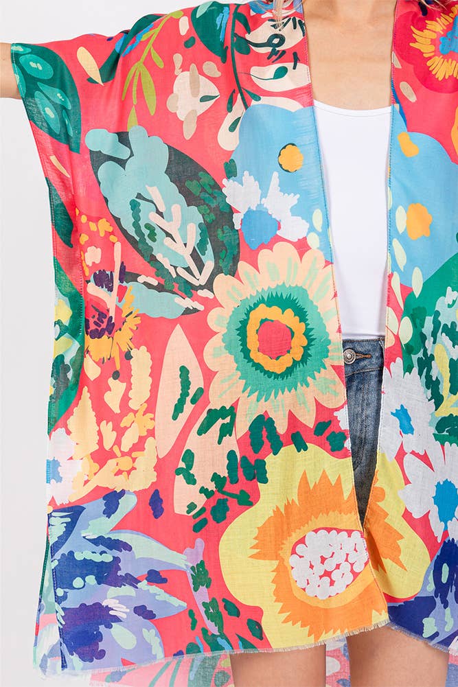 Multi Color Floral Flower Print Summer Kimono: Mint