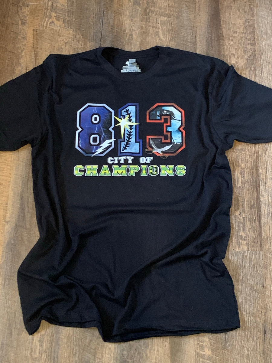 Tampa Bay Rays Tampa Bay Lightning and Tampa Bay Buccaneers 813 city of champions  shirt, hoodie, sweater, long sleeve and tank top