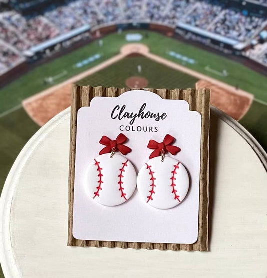 Baseball Earrings : Red Bow Baseball Dangles