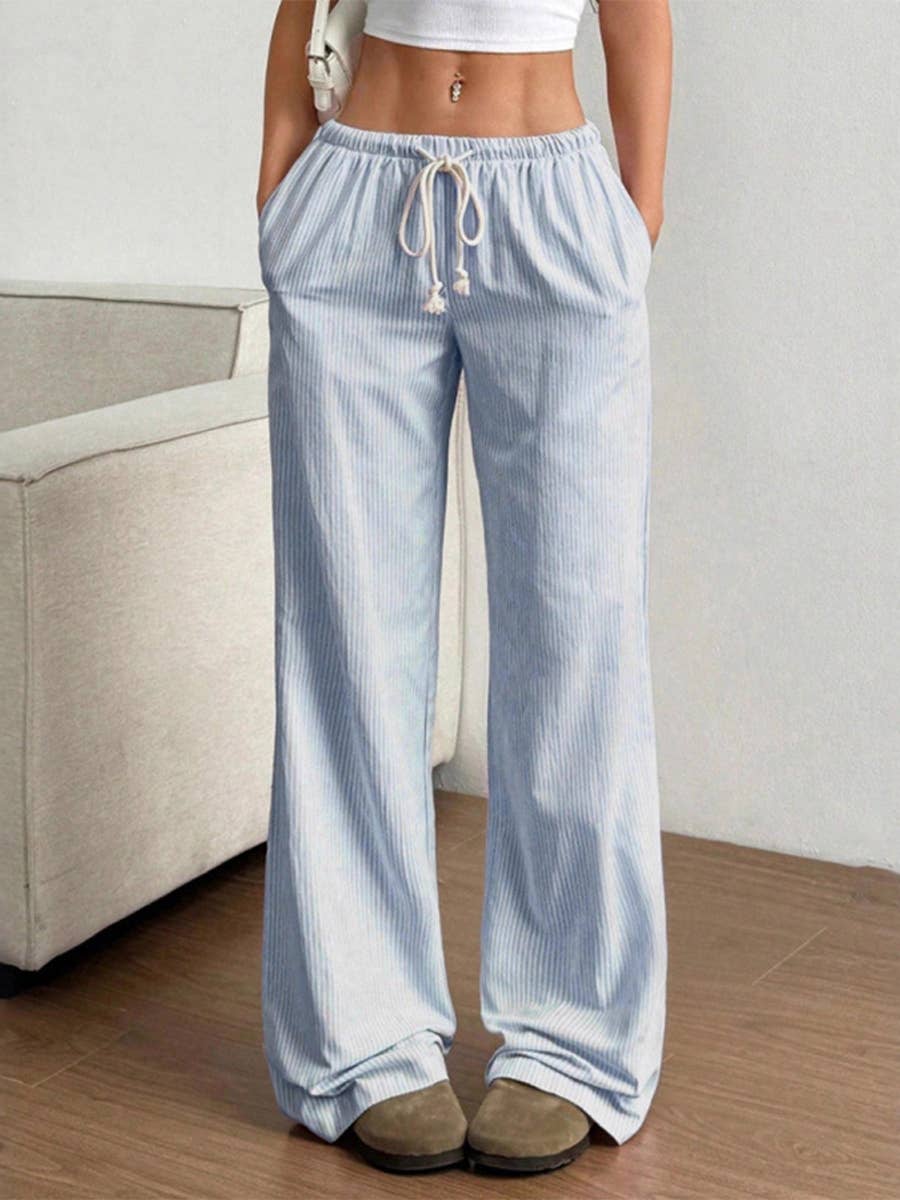 Summer Striped Wide Leg Drawstring Pants_CWBLP01181: GREY / (L) 1