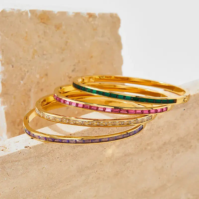 Gold Plated Stainless Steel Zircon Inlay Bracelet Bangle: Emerald