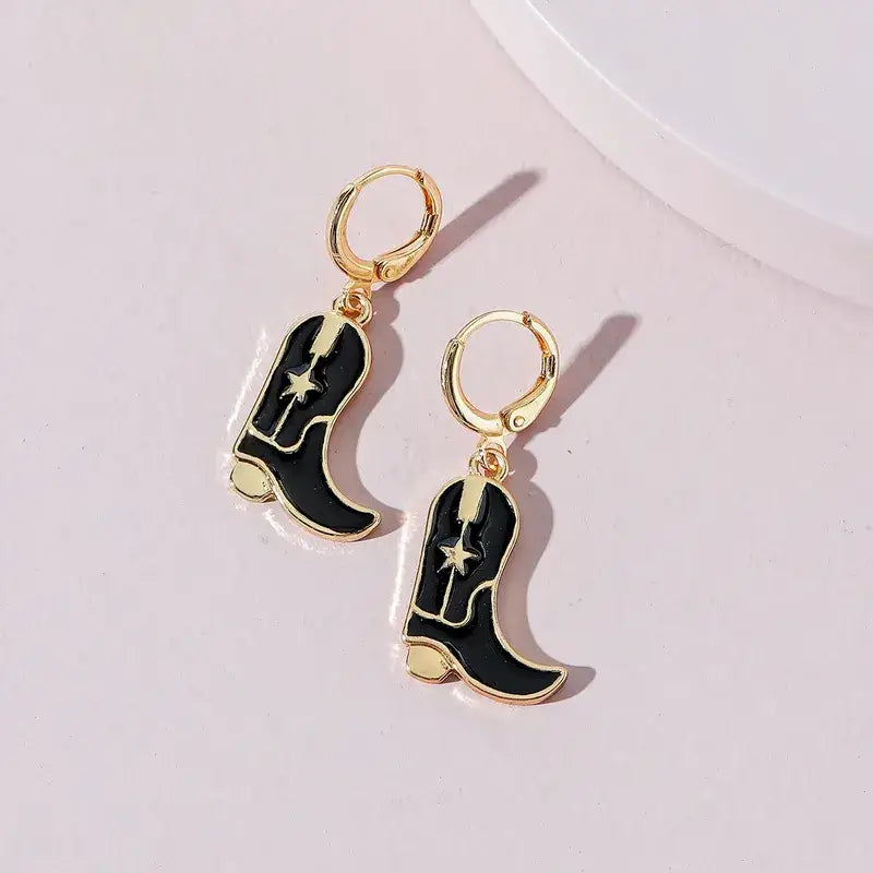 Cowboy Boots Drop Earrings, Western Cowboy Earrings: Black